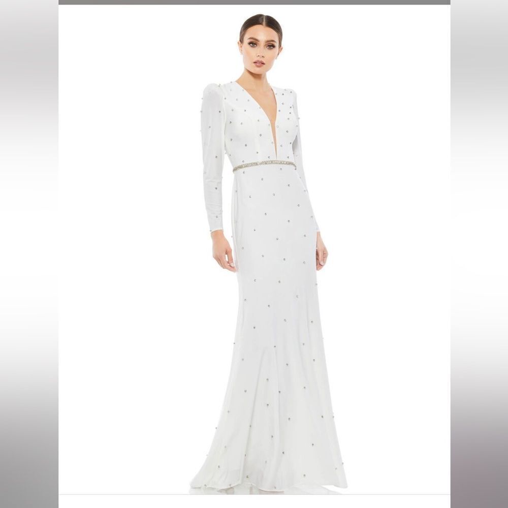 Mac Duggal White Ieena 67874 rhinestone Long Sleeve Gown stretch wedding event 8